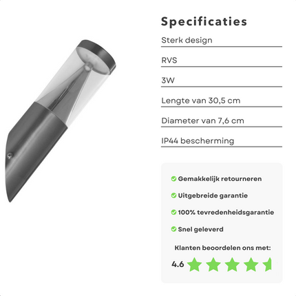 Cheqo® LED Wandlamp Schuin - Buitenlamp - Tuinlamp - Multifunctioneel - 3w - 30.5cm Lang - ø7.6cm - 220-240v - Zonder Adapter Wandlamp