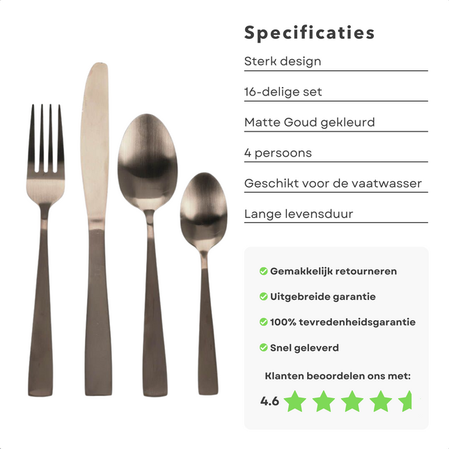 Cheqo® Luxe Mat Goud Bestekset - RVS - Matte Goud - 16 Delig - Goud Bestek - Lepels - Messen - Vorken - Voor 4 Personen Bestekset