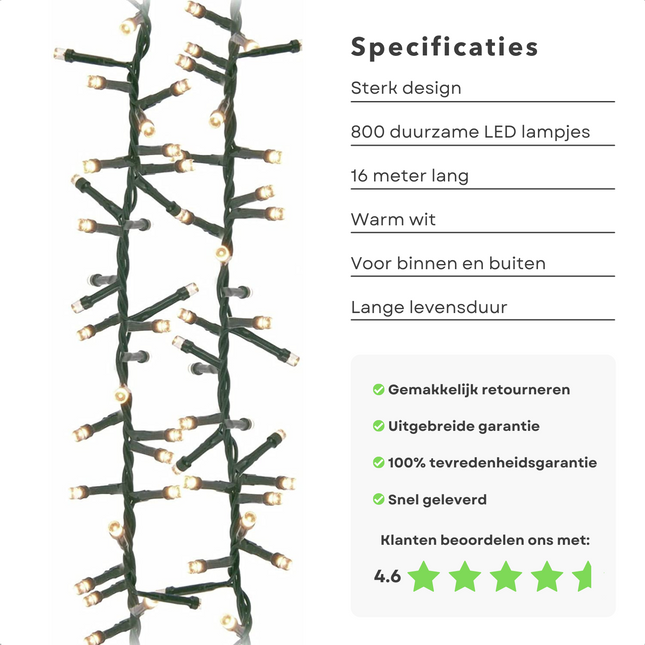 Cheqo® Kerstboomverlichting - Clusterverlichting - Kerstlampjes - Led Verlichting - Kerstverlichting voor Binnen en Buiten - 800 LED - 16 Meter - Warm Wit Clusterverlichting