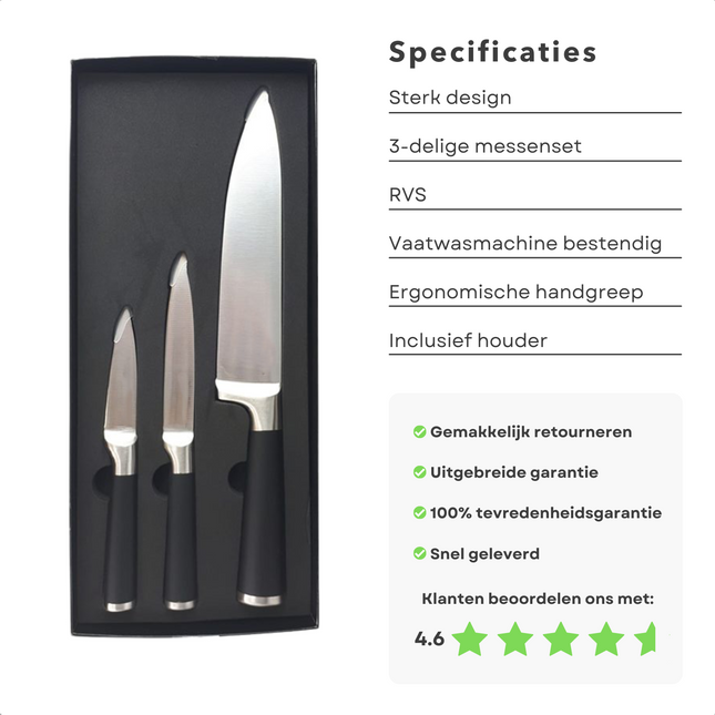 Cheqo® PRO Luxe Messenset met Koksmes - Schilmes - Universeel Vleesmes - RVS - Vaatwasserbestendig - Keukenmessen - Koksmessen - 3 Delig Messensets
