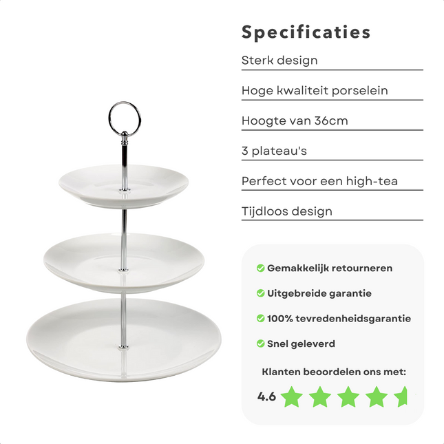 Cheqo® Luxe Etagère - Serveerplank - Serveertoren - Porselein - 3 laags Etagere