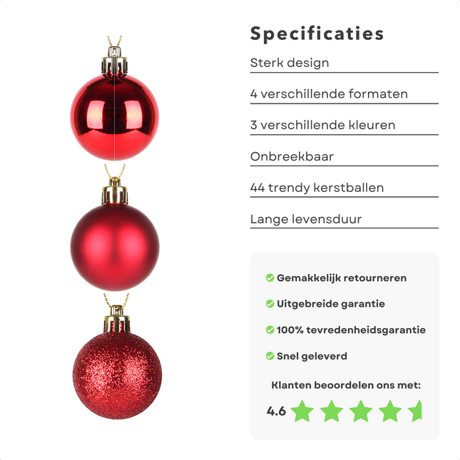 Cheqo® XL Kerstballen Set - Rode Kerstballenset - 44 Stuks - Onbreekbaar Plastic - Rood Kerstballen