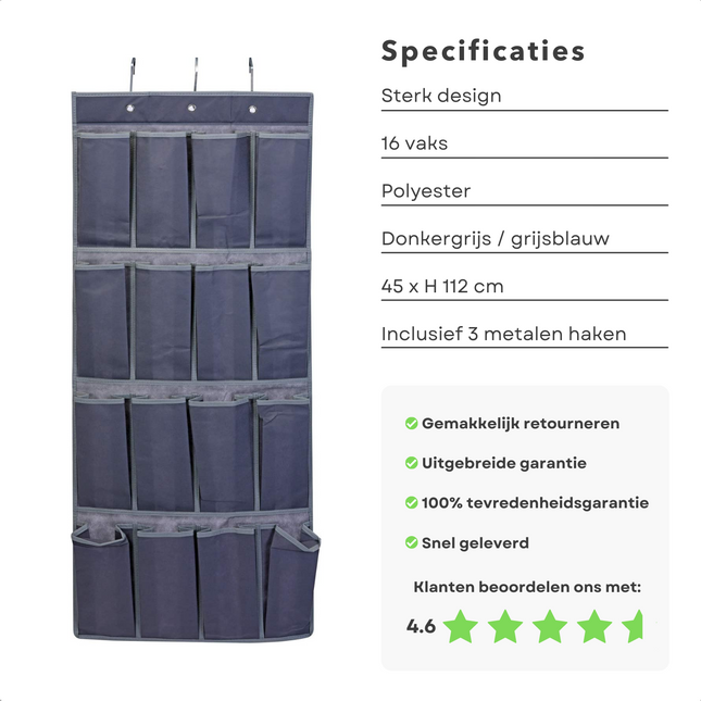 Cheqo® Hangende Deur Schoenenkast - Deur Organizer voor Kleding en Smalle Voorwerpen - Schoenenzak - Deurhanger - Opbergzak - 16 vakken - 45x112cm Schoenenkast