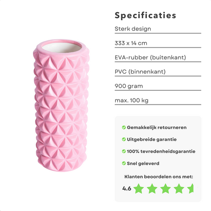 Cheqo® PRO FIT Foamroller - Yoga Roller - Fitness Foam Roller - Triggerpoint Massage - Yoga - Pilates - Grid Roller - 33x14cm - Roze Foamrollers