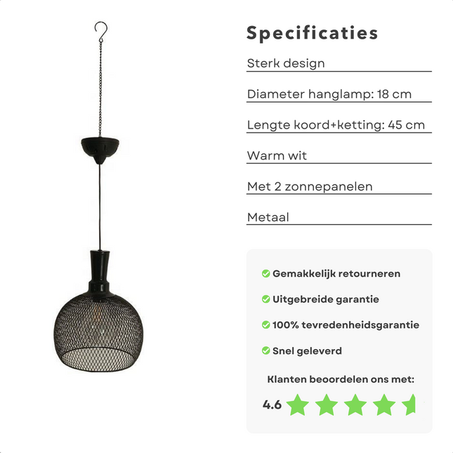 Cheqo® Buitenlamp - Hanglamp Solar - Tuinlamp op Zonne-Energie - Buitenlamp Zonne Energie - LED - ø18cm - 45cm Hoog - Metaal Buitenverlichting