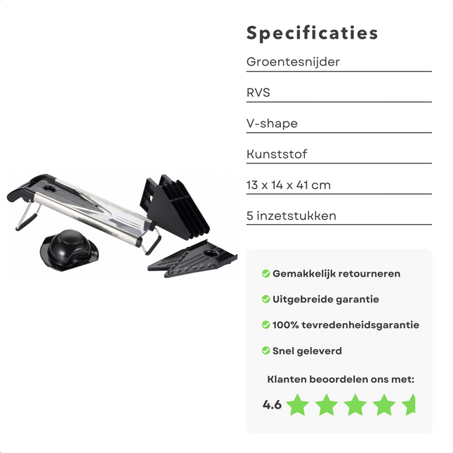 Cheqo® Multifunctionele Groentesnijder - V-Shape Slicer - 5 Inzetsukken - RVS - Mandoline - Keukenmandoline - Keukensnijder - Uiensnijder - 40cm Lang Raspen
