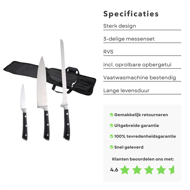 Cheqo® PRO Messenset met Koksmes - Hammes - Ham Mes - Dunschiller - RVS - Vaatwasserbestendig - Keukenmessen - Koksmessen - Met Etui - 3 Delig Messensets