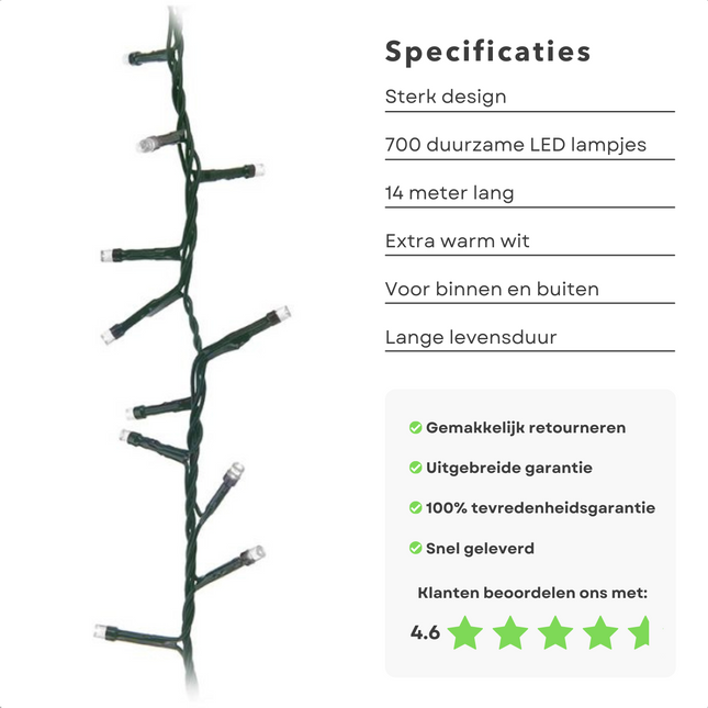 Cheqo® Kerstboomverlichting - Micro Clusterverlichting - Kerstlampjes - Led Verlichting - Kerstverlichting voor Binnen en Buiten - 700 LED - 14 Meter - Extra Warm Wit Clusterverlichting