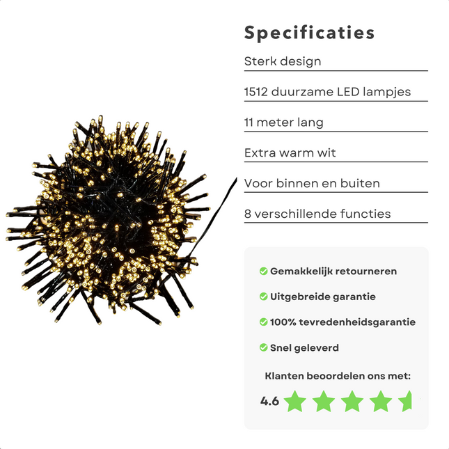 Cheqo® Kerstboomverlichting - Clusterverlichting - Kerstlampjes - Led Verlichting - Kerstverlichting voor Binnen en Buiten - 1512 LED - 11m - Extra Warm Wit Clusterverlichting