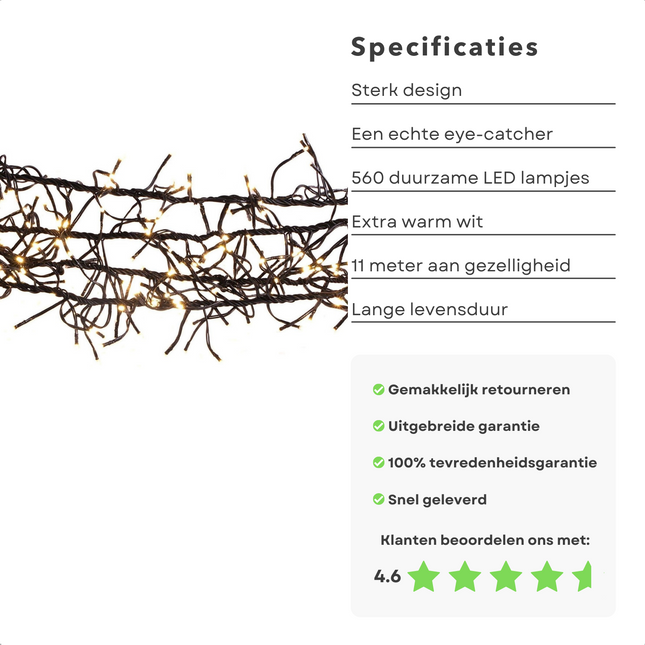 Cheqo® Kerstboomverlichting - Micro Clusterverlichting - Kerstlampjes - Led Verlichting - Kerstverlichting voor Binnen en Buiten - 560 LED's - 11 Meter - Extra Warm Wit - 8 Functies + Geheugen Clusterverlichting