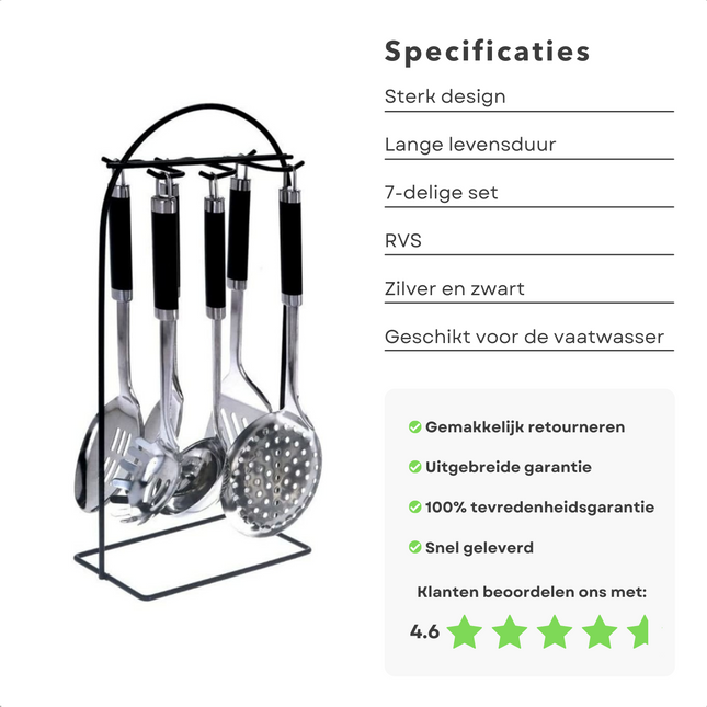 Cheqo® RVS Keukengerei Set met Houder - Keukengereedschap - Keukenset - Soeplepel - Spaghettilepel - Schuimspaan - Serveerlepel - Serveerspaan - Bakspaan - Met Houder - Vaatwasserbestendig - 6 Delig Keukengerei Set