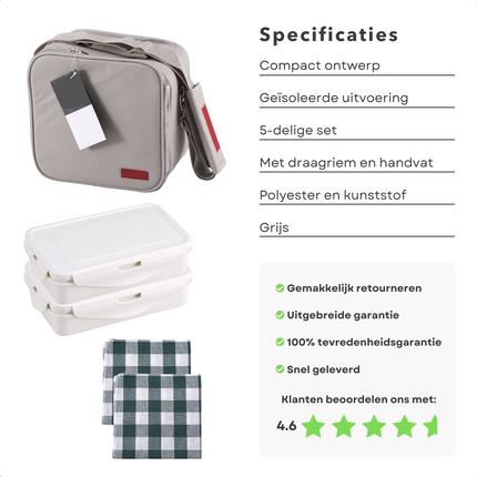 Cheqo® Complete Lunchtas - Picknicktas - Picknickset - Picknickmand - Koelbox - Grijs-  2 Lunchboxen - Tray - 2 Katoenen Servetten - Met Draagriem & Handvat Koelbox