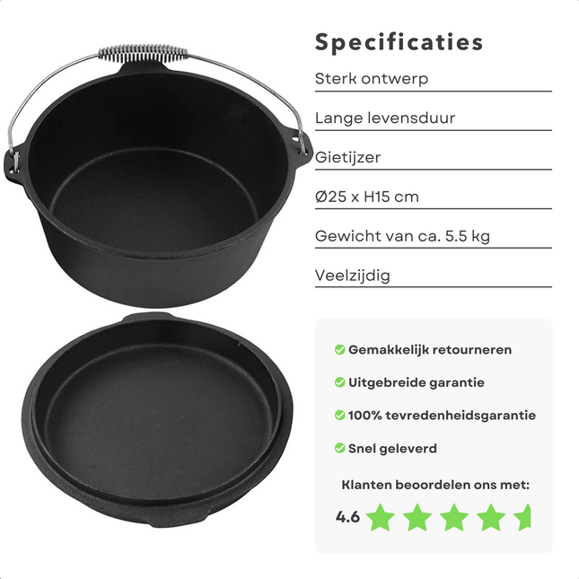 Cheqo® Dutch Oven Pan - Gietijzer - Braadpan - BBQ Pan - Barbecue Pan - ø25cm x h15cm - Deksel met Opstaande Rand - Veelzijdig Gebruik - Ook als Oven - 5,5kg Barbecuepannen