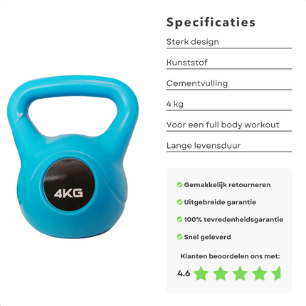 Cheqo® Kettlebell - Full Body Workout - Cementvulling - Blauw - 4 KG Kettlebells