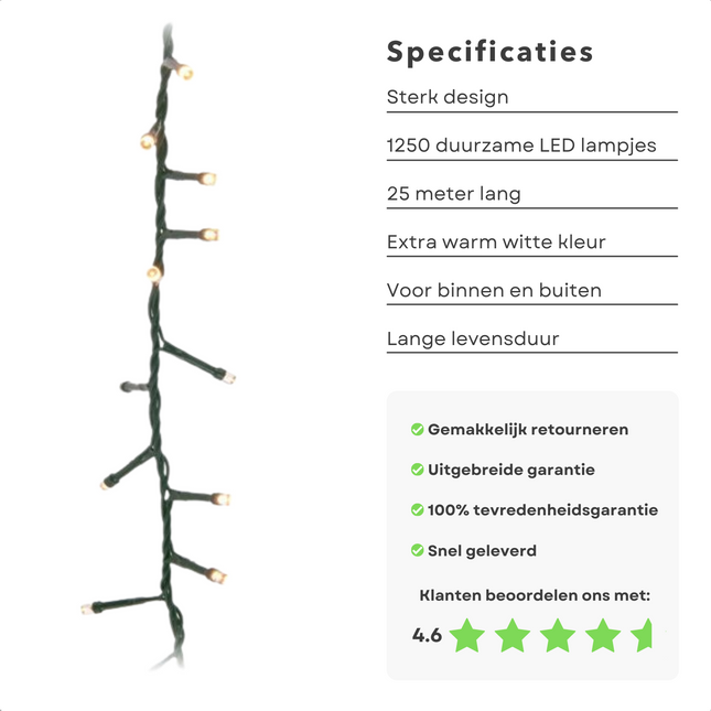 Cheqo® Kerstboomverlichting - Micro Clusterverlichting - Kerstlampjes - Led Verlichting - Kerstverlichting voor Binnen en Buiten - Met Haspel - 1250 LED - 25 Meter - Met Timer - Extra Warm Wit Clusterverlichting