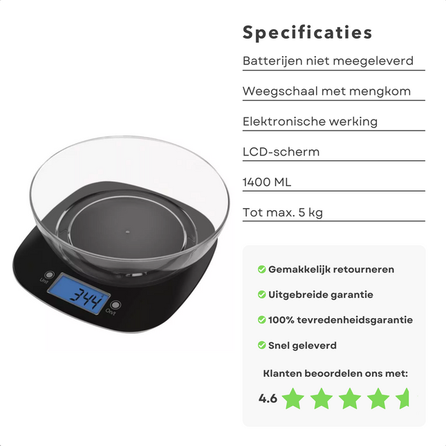 Cheqo® Keukenweegschaal met Mengkom - Elektronische Weegschaal - LCD - Tot 5 KG - Keuken Weegschaal met Kom - 1400ml - Op Batterijen Keukenweegschaal digitaal