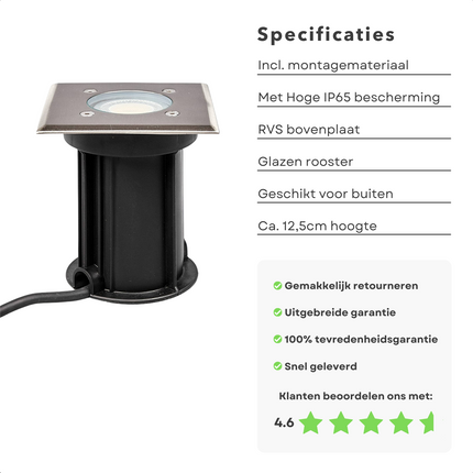 Cheqo® RVS Grondspot - Waterdicht IP65 - Buitenverlichting - Buitenlamp - GU10 - 11x11cm - Tuinverlichting Grondspot