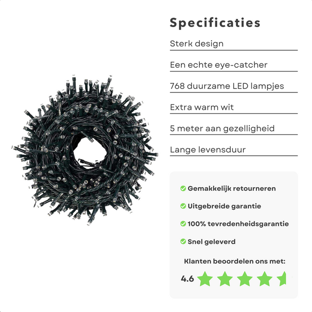 Cheqo® Koppelbare Kerstboomverlichting - Clusterverlichting - Kerstlampjes - Led Verlichting - Kerstverlichting voor Binnen en Buiten - 768 LED - 5.5m - Extra Warm Wit Clusterverlichting
