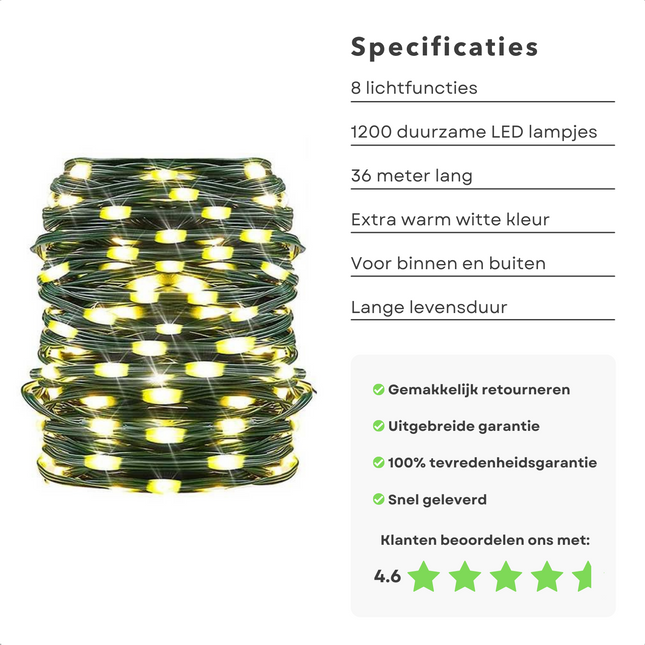 Cheqo® Kerstverlichting Soft Wire - LED Verlichting - Kerstboomverlichting - 1200 LED - 36 Meter - Extra Warm Wit - Voor Binnen en Buiten - 8 Lichtfuncties Kerstboomverlichting