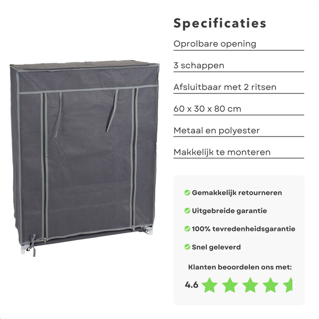 Cheqo® Garderobekast - Schoenenkast - Campingkast - Opbergkast - Kledingkast Opvouwbaar - Kast Organizer - Organiser - 3 Schappen - 60x30x80cm Campingkast
