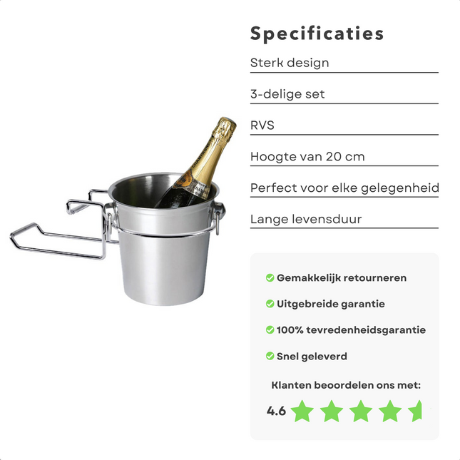 Cheqo® Luxe Champagnekoeler met Houder - RVS - Wijnkoeler - Koelemmer - Tafel Steun - Wijnfleshouder - Champagne Emmer Champagne Emmer