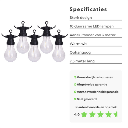 Cheqo® Lichtsnoer - Fairy Lights - Lichtslinger voor Binnen en Buiten - Kerst Verlichting - Tuinverlichting - Feestverlichting - Warm Wit - 10 LED Filament Bolletjes - 7.5 Meter Lichtsnoeren