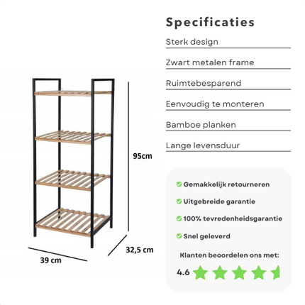 Cheqo® Stevig Badkamerrek - Badkamer Rek - Opbergrek - Badkamerkast - Met 4 Etages - Bamboe Badkamerkast