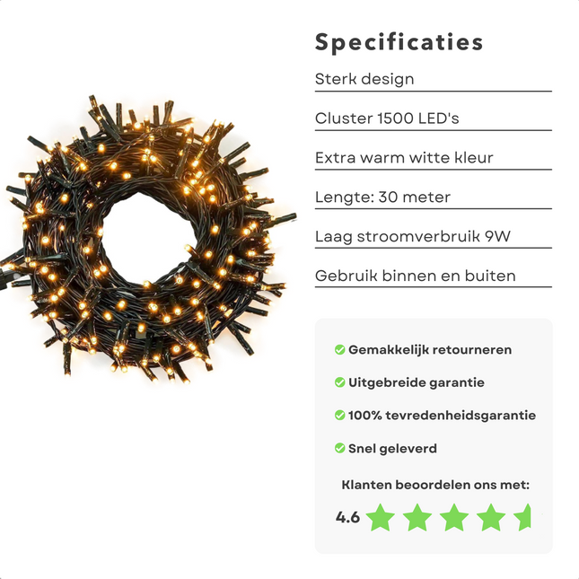 Cheqo® Kerstboomverlichting - Micro Clusterverlichting - Kerstlampjes - Led Verlichting - Kerstverlichting voor Binnen en Buiten - 1500 LED's - 30 Meter - Extra Warm Wit Clusterverlichting