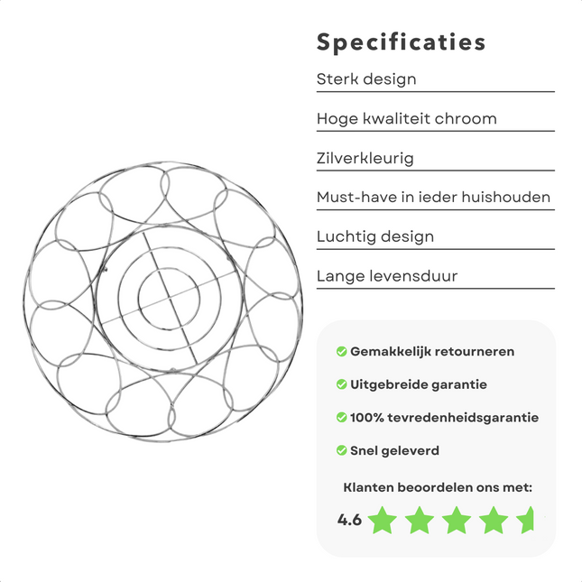 Cheqo® Fruitschaal - Fruitmand - Fruit Opbergmand - Voor lang houdbaar Fruit - Chroom - ø26.5cm Fruitschaal