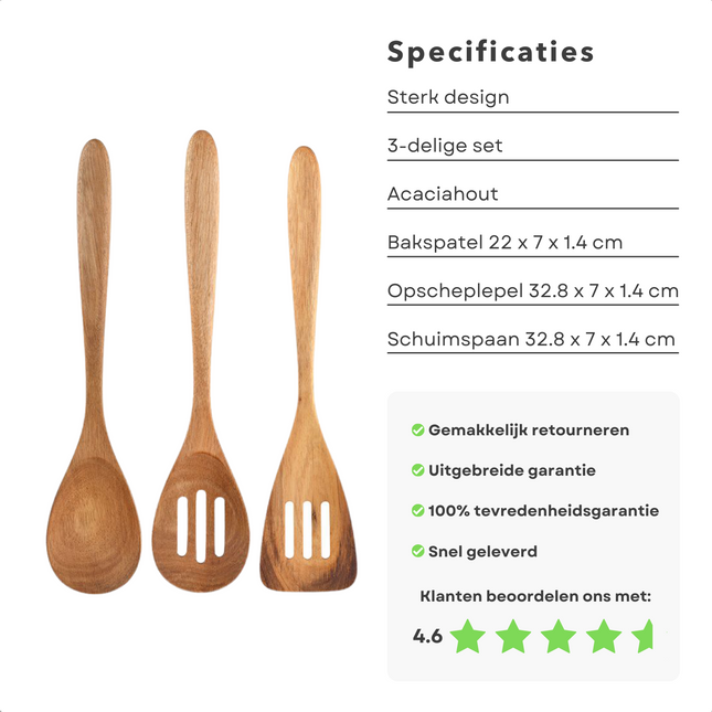 Cheqo® Luxe Keukengerei Set - Spatels - Spatelset - Keukengereedschap - Bakspatel - Opscheplepel - Schuimspaan - Acaciahout - 3-delig Keukengerei Set