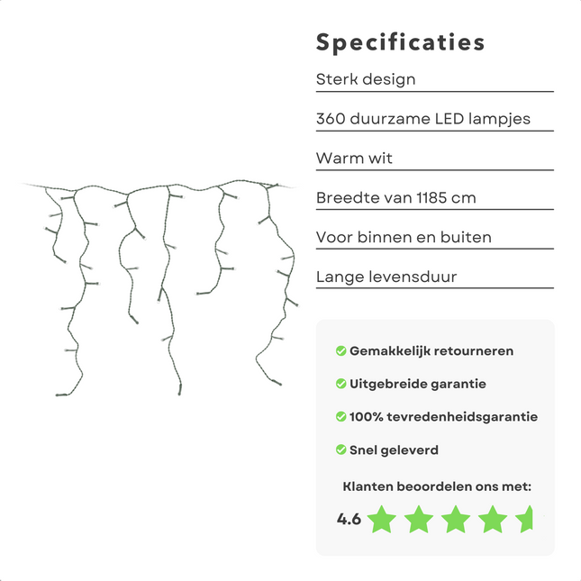 Cheqo® IJspegel Verlichting voor Buiten en Binnen - Lichtgordijn - Kerstverlichting - 360 LED - 12 meter - Warm Wit - 8 Lichtfuncties Lichtgordijn