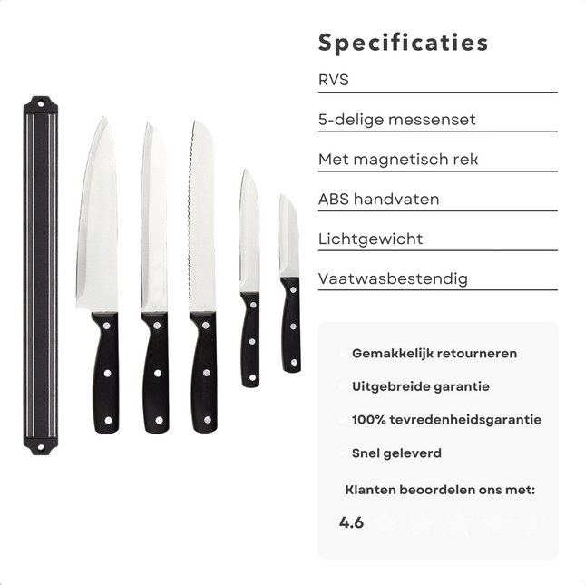 Cheqo® PRO Luxe Messenset met Magneetstrip - Messenhouder - Chefmes - Broodmes - Slicer - Multifunctioneel Vleesmes - Schilmes - RVS - Vaatwasserbestendig - Keukenmessen - Koksmessen - 6 Delig Messensets