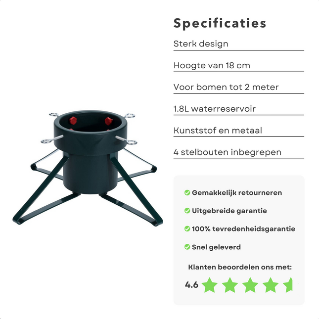 Cheqo® Kerstboomstandaard met Waterreservoir - Kerstboomvoet voor Bomen tot 2 Meter - Kerstboom Standaard - Kerstboom Voet - 1.8 Liter Kerstboomvoet