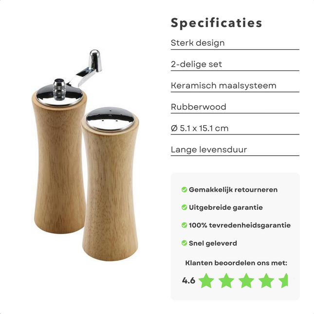 Cheqo® Peper- & Zoutmolen - Peper en Zoutmolen - Peper en Zoutstel - Zoutvaatje - Pepermolen Set - 15 cm Peper- & Zoutstellen