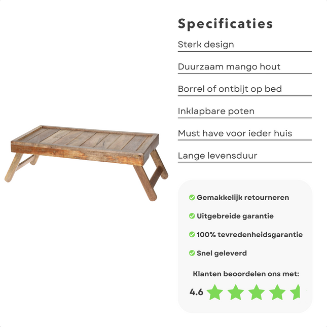 Cheqo® Luxe Bedtafel met Inklapbare Poten - Ontbijt op Bed - Dienblad - Laptoptafel - Banktafel - Mangohout Bedtafel