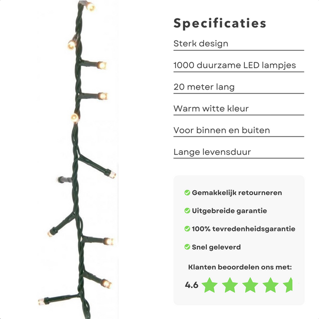 Cheqo® Kerstboomverlichting - Micro Clusterverlichting - Kerstlampjes - Led Verlichting - Kerstverlichting voor Binnen en Buiten - 1000 LED's - 20 Meter - Warm Wit Clusterverlichting