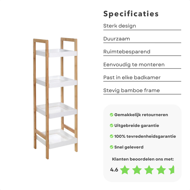 Cheqo® MDF Badkamer Rek - Badkamerrek - 4 laags - Opbergrek - Bamboe - Badkamerkast Badkamerrek