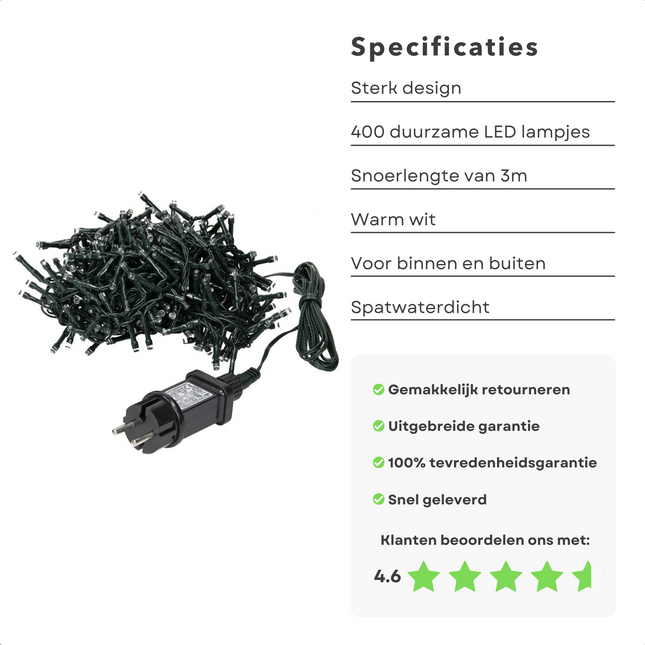 Cheqo® Kerstboomverlichting - Clusterverlichting - Kerstlampjes - Led Verlichting - Kerstverlichting voor Binnen en Buiten - 400 LED - 8 Meter - Extra Warm Wit Clusterverlichting