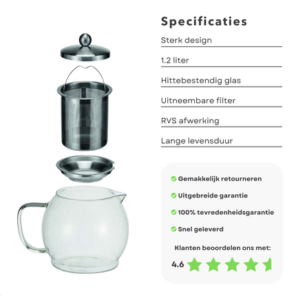 Cheqo® Theepot met Filter - Uitneembaar Filter - 1.2 liter - RVS Theepot