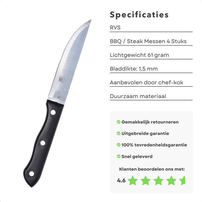 Cheqo® RVS Steakmessen Set - Messenset - Tafelmessen - BBQ Messen - Vleesmessen - Steakmessenset - Vaatwasserbestendig - Zwart - 4 Stuks - 25 cm Steakmessen