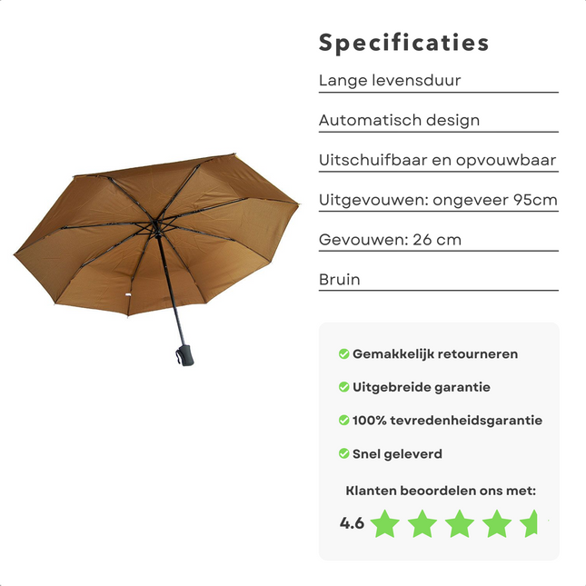 Cheqo® Vol-Automatische Paraplu - 95cm Diameter - Opvouwbaar - Automatisch Uitklapbaar - Drukknop Openen/Vouwen - Bruin Paraplu