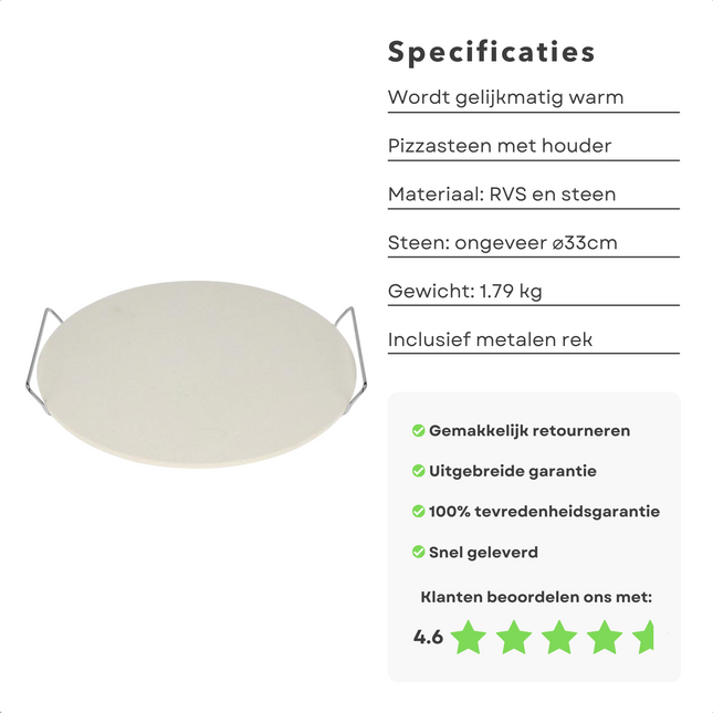 Cheqo® Pizzasteen - Pizza Baksteen - Oven Steen - Pizza Stone - BBQ Steen - Pizza Steen voor BBQ en Oven - Broodbaksteen - Met Metalen Rek - ø33cm Pizzastenen