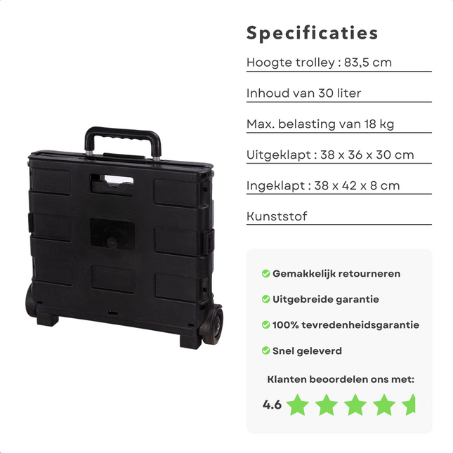 Cheqo® Opvouwbare Krat met Trolley - Vouwkrat - Boodschappenkrat met Wielen - Vouwkrat op Wielen - Tot 18kg - 38x36x30cm Vouwkratten