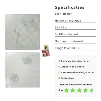 Cheqo® 3-in-1 Glazen Bordspel Set - Schaken - Checkers - Backgommen - Schaken - Met Accessoires - 35x35cm Bordspellen