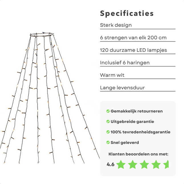 Cheqo® Vlaggenmast Verlichting - Lichtketting Vlaggenmast - Kerstverlichting - Kerstboom Verlichting - 120 LED's - 200cm - Inclusief Haringen Vlaggenmast Verlichting