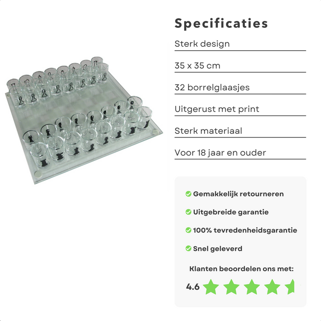 Cheqo® Schaakbord met Drankspel - Schaken - Schaak Bord - Drinkspel - Met 31 Shotglaasjes - 35x35cm Bordspellen