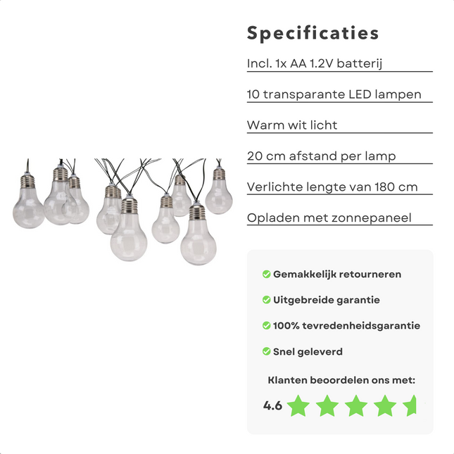 Cheqo® Solar Lichtsnoer - Fairy Lights - Lichtslinger voor Binnen en Buiten - Kerst Verlichting - Tuinverlichting - Feestverlichting Zonne Energie - Solar Buitenverlichting - Solar Tuinverlichting - Warm Wit - 10 LED Bolletjes - 4 Meter Lichtsnoeren