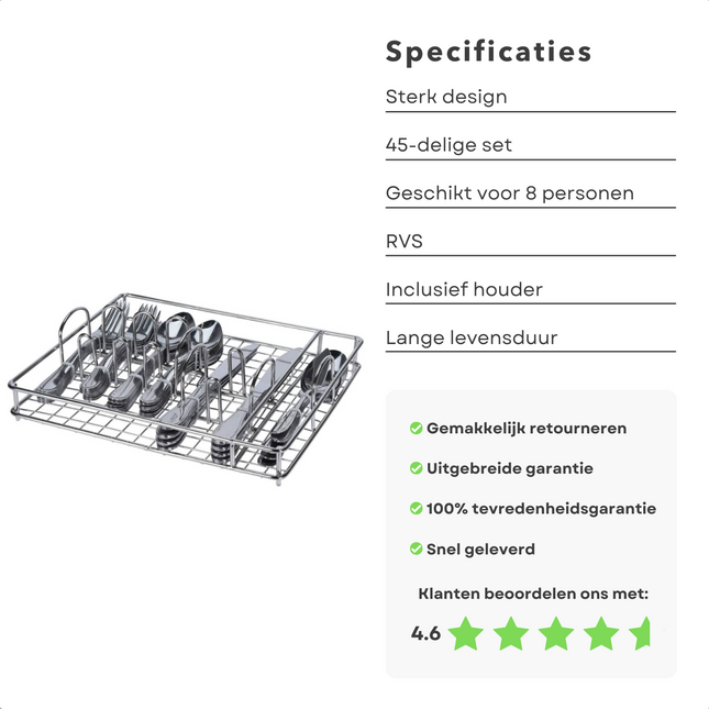 Cheqo® Luxe Bestekset voor 8 Personen - Zilverkleurig Bestek - 45-delig - RVS - Inclusief Bestekbak - Besteklade Bestekset