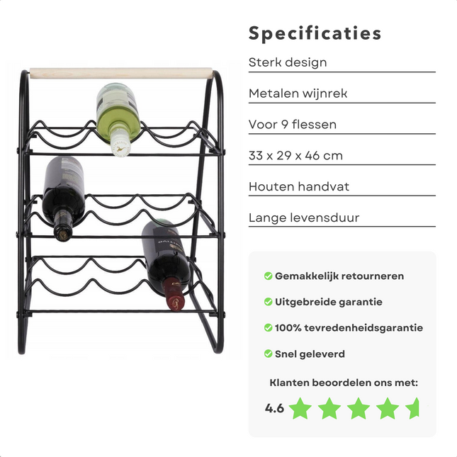 Cheqo® Wijnrek - Wijnfleshouder - Flessenrek - Flessenhouder voor 9 Flessen - Metaal - 46cm wijnrek