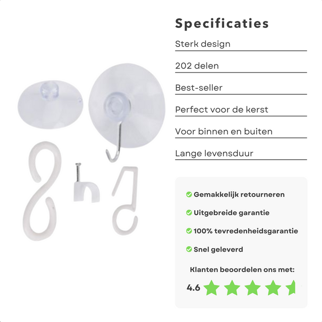 Cheqo® Kerstverlichting Ophangen - Ophanghaakjes - Haakjes met Zuignap - Slinger Haakjes - Bevestiginsset - 200 Delig Kerstboomverlichting